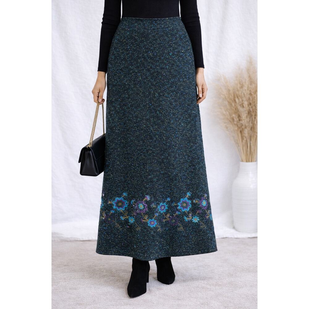 FINITY NATURALS Vintage Blue Wool Blend Tweed Maxi Skirt Embroidered Floral | 10
